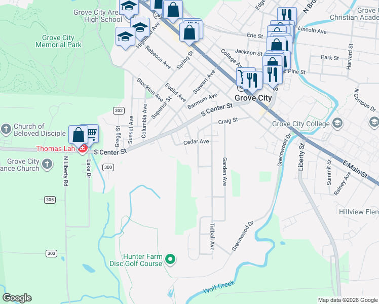 map of restaurants, bars, coffee shops, grocery stores, and more near 702 Ridgeway Avenue in Grove City