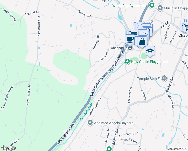 map of restaurants, bars, coffee shops, grocery stores, and more near 220 Mill River Road in Chappaqua