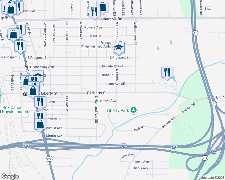 map of restaurants, bars, coffee shops, grocery stores, and more near 463 East Liberty Street in Youngstown