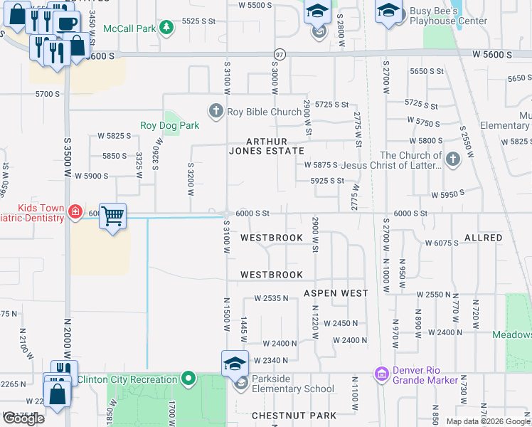 map of restaurants, bars, coffee shops, grocery stores, and more near 3009 West 6000 South in Roy