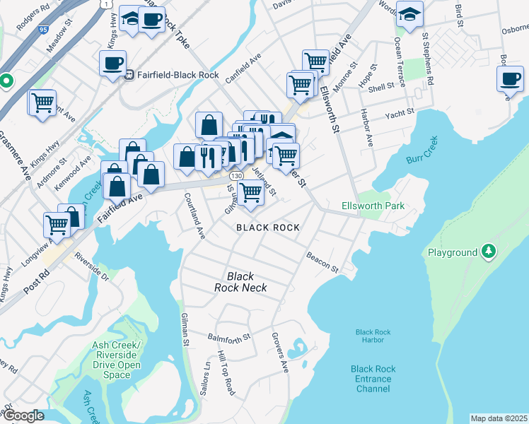 map of restaurants, bars, coffee shops, grocery stores, and more near in Bridgeport