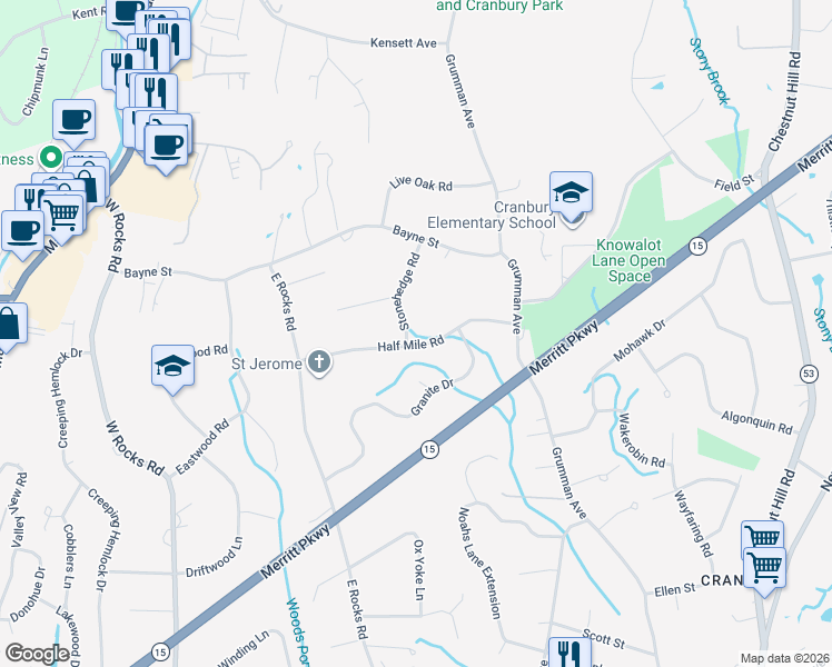 map of restaurants, bars, coffee shops, grocery stores, and more near 13 Half Mile Road in Norwalk