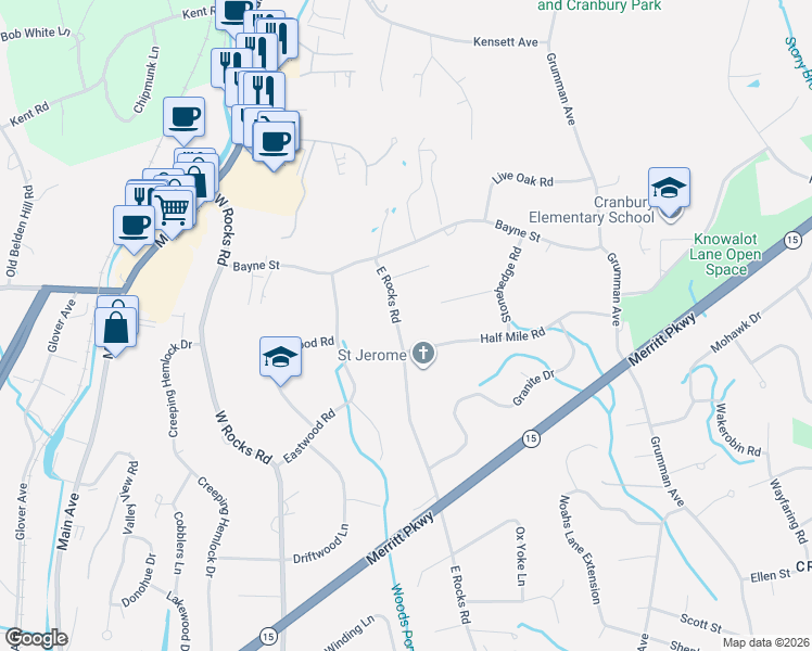 map of restaurants, bars, coffee shops, grocery stores, and more near 233 East Rocks Road in Norwalk
