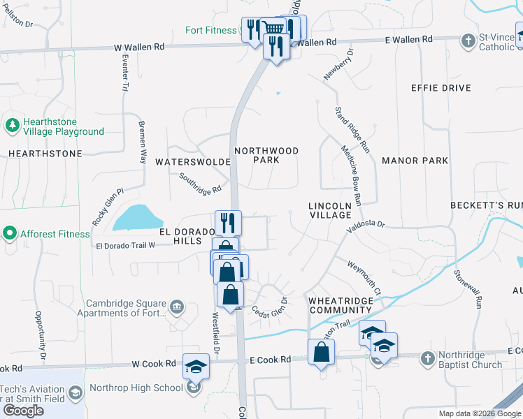map of restaurants, bars, coffee shops, grocery stores, and more near 512 Ward Drive in Fort Wayne