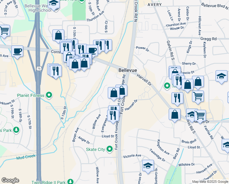 map of restaurants, bars, coffee shops, grocery stores, and more near 702 Fort Crook Road South in Bellevue