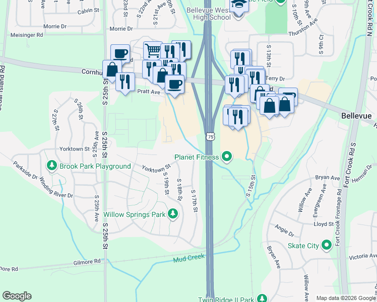 map of restaurants, bars, coffee shops, grocery stores, and more near 10605 South 17th Street in Bellevue