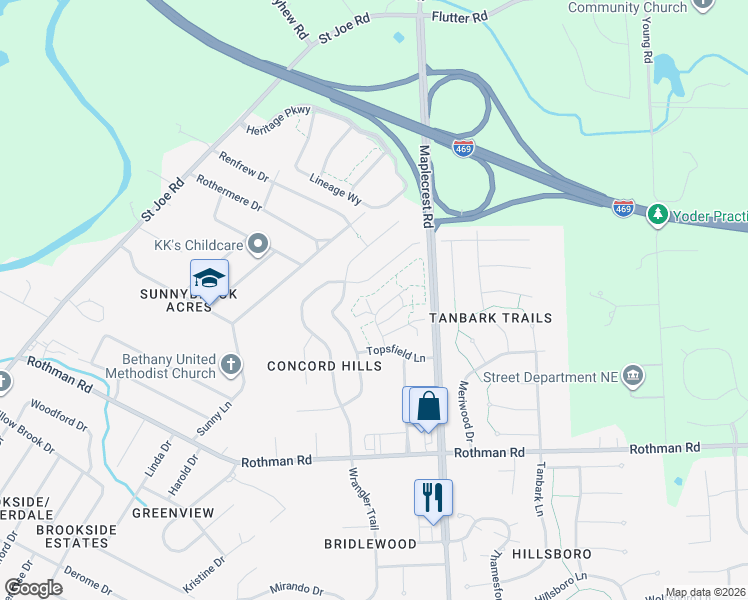 map of restaurants, bars, coffee shops, grocery stores, and more near 7861 Harrisburg Lane in Fort Wayne
