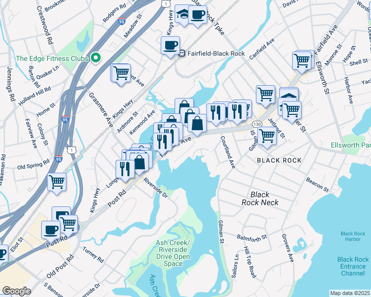 map of restaurants, bars, coffee shops, grocery stores, and more near 91 Beachview Avenue in Bridgeport