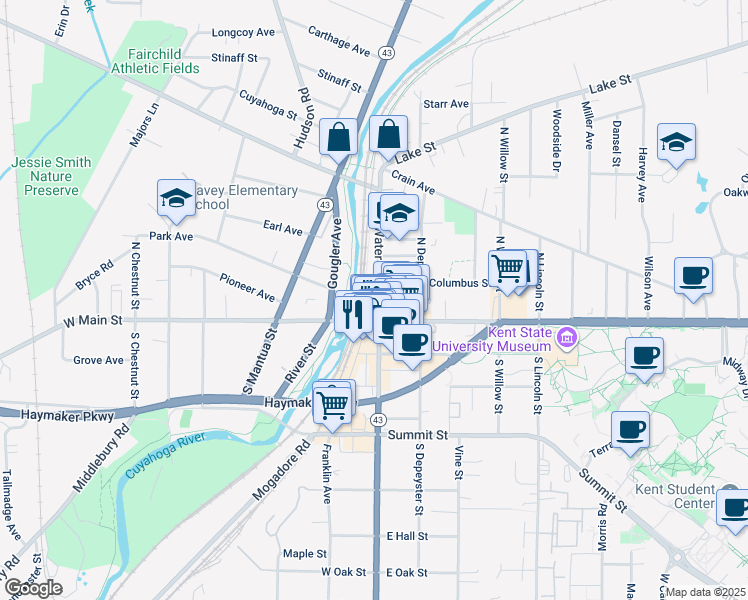 map of restaurants, bars, coffee shops, grocery stores, and more near 142 North Water Street in Kent