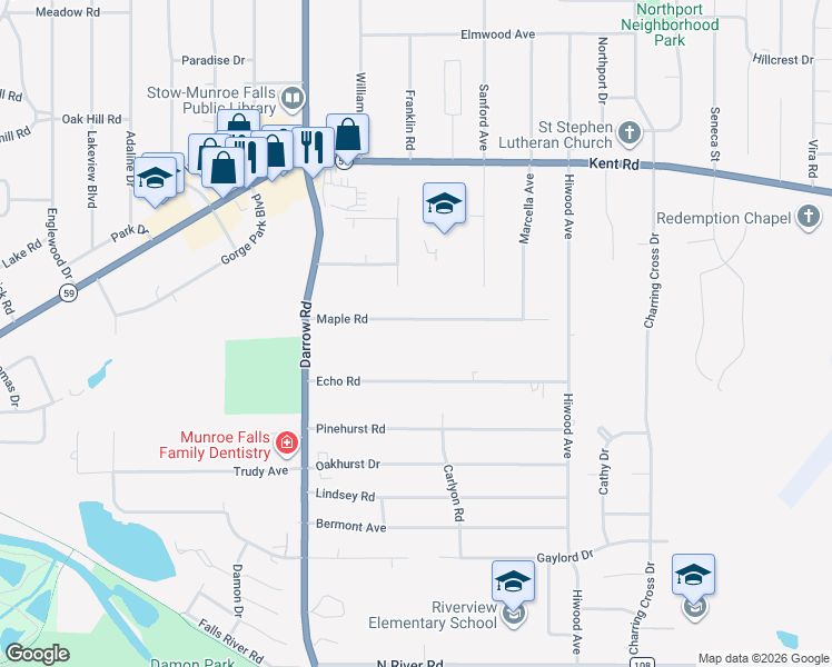 map of restaurants, bars, coffee shops, grocery stores, and more near 2006 Maple Road in Stow