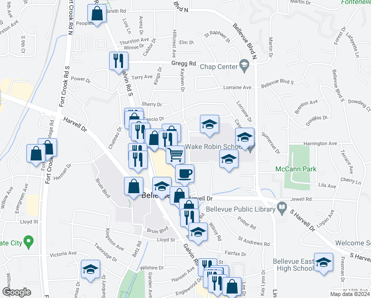 map of restaurants, bars, coffee shops, grocery stores, and more near 612 Kayleen Drive in Bellevue