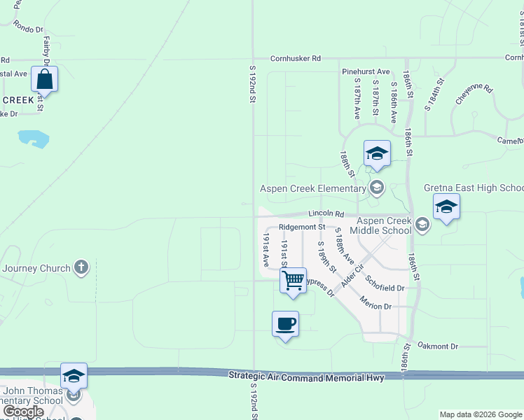 map of restaurants, bars, coffee shops, grocery stores, and more near 10515 South 192nd Street in Gretna
