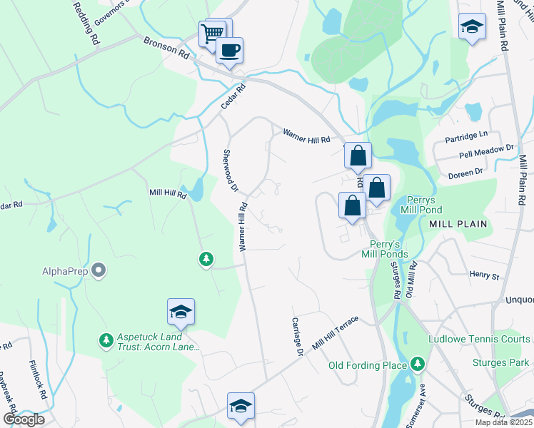 map of restaurants, bars, coffee shops, grocery stores, and more near 50 Warner Hill Lane in Fairfield