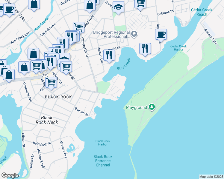 map of restaurants, bars, coffee shops, grocery stores, and more near 56 Bywatyr Lane in Bridgeport