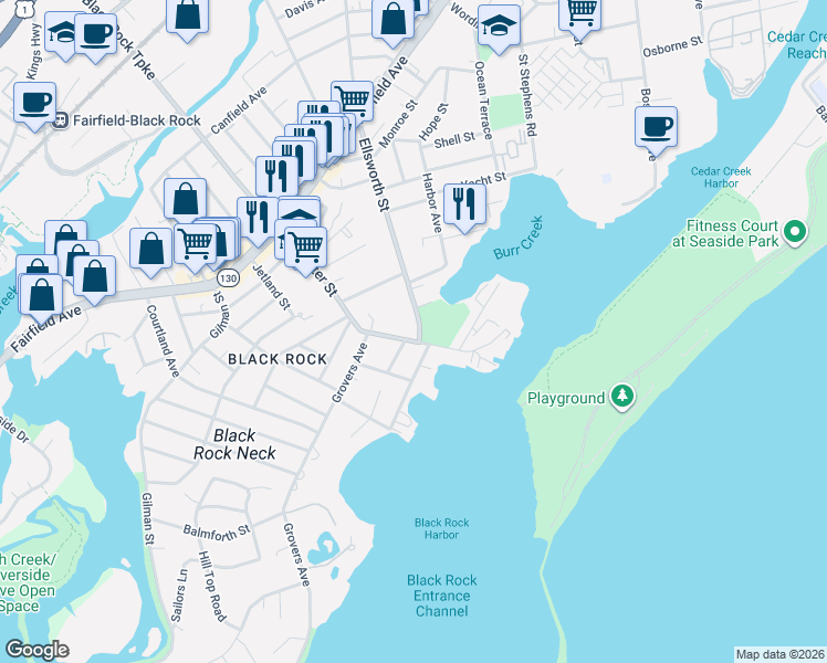map of restaurants, bars, coffee shops, grocery stores, and more near 219 Brewster Street in Bridgeport