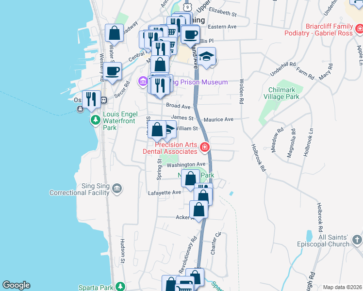 map of restaurants, bars, coffee shops, grocery stores, and more near 22 Edward Street in Ossining