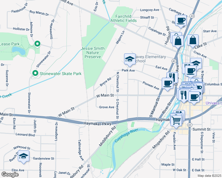 map of restaurants, bars, coffee shops, grocery stores, and more near 709 West Main Street in Kent
