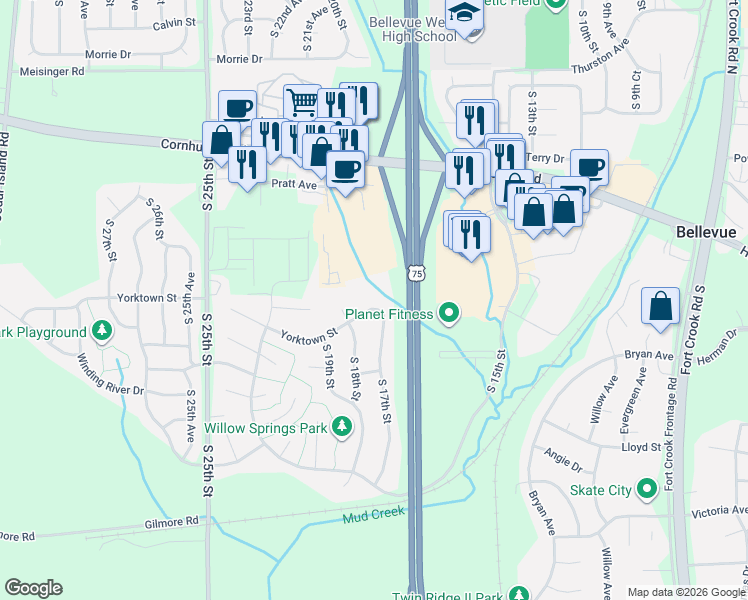 map of restaurants, bars, coffee shops, grocery stores, and more near 10605 South 17th Street in Bellevue