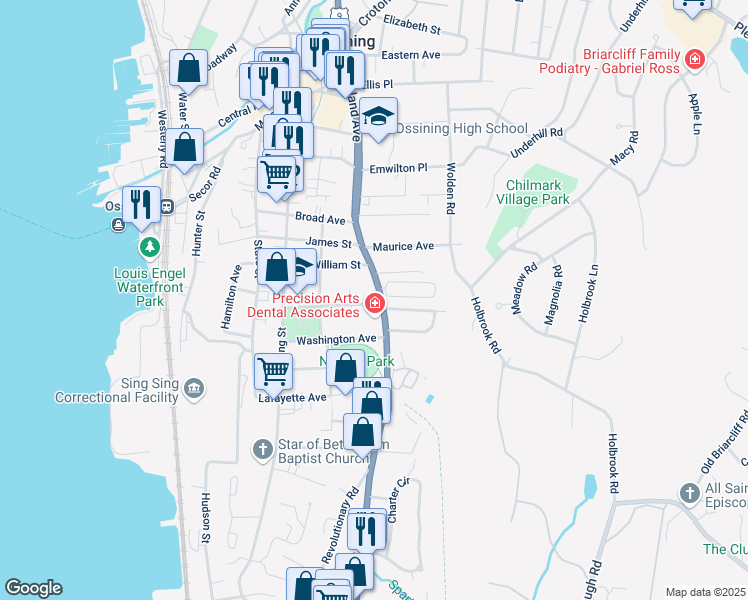 map of restaurants, bars, coffee shops, grocery stores, and more near 94 South Highland Avenue in Ossining