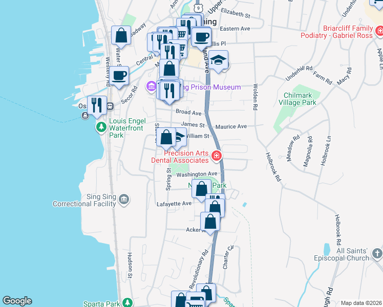map of restaurants, bars, coffee shops, grocery stores, and more near 22 Edward Street in Ossining