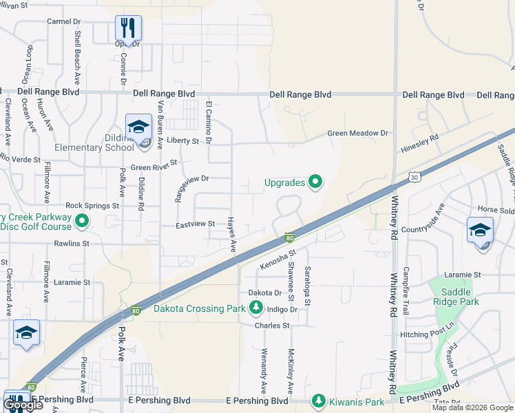 map of restaurants, bars, coffee shops, grocery stores, and more near 4009 Golden Court in Cheyenne