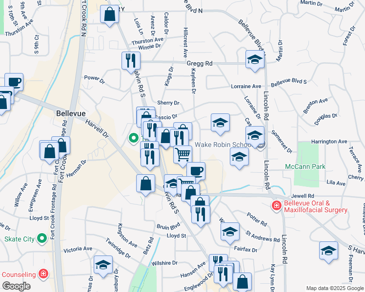 map of restaurants, bars, coffee shops, grocery stores, and more near 701 Galvin Road South in Bellevue