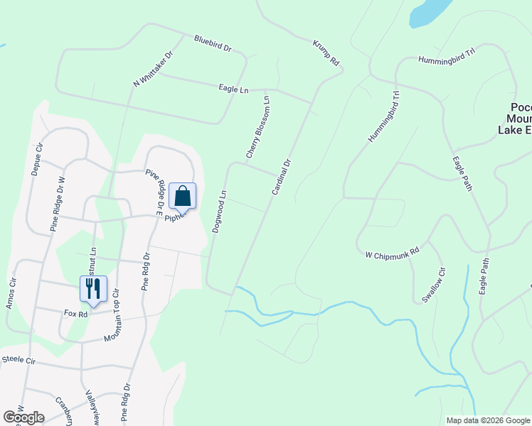 map of restaurants, bars, coffee shops, grocery stores, and more near Cardinal Drive in Bushkill