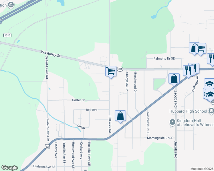 map of restaurants, bars, coffee shops, grocery stores, and more near 3284 Bell Wick Road in Hubbard