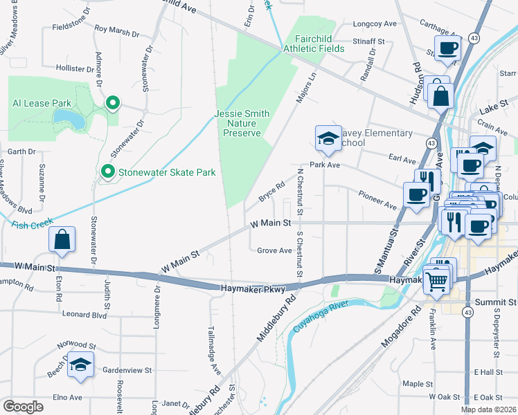 map of restaurants, bars, coffee shops, grocery stores, and more near 749 West Main Street in Kent