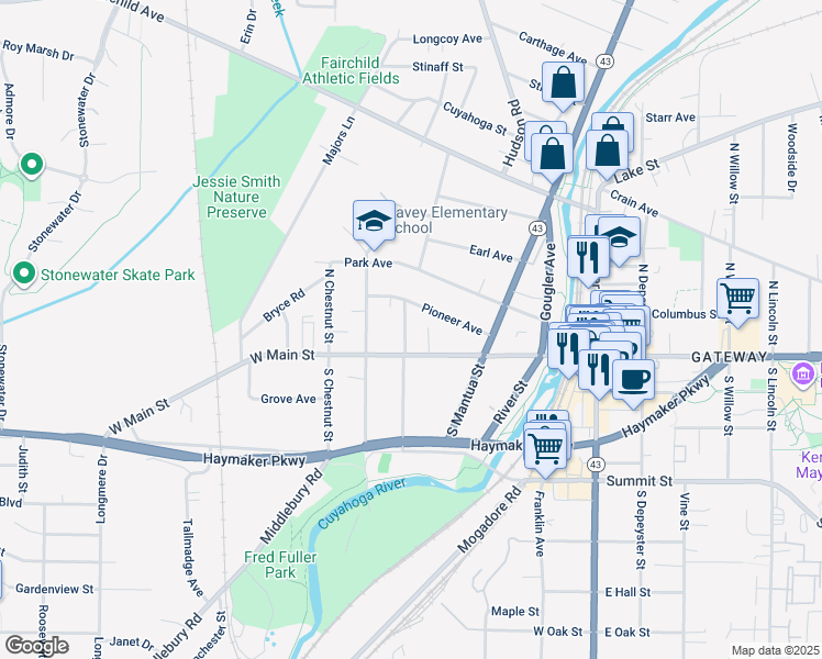 map of restaurants, bars, coffee shops, grocery stores, and more near 125 North Pearl Street in Kent