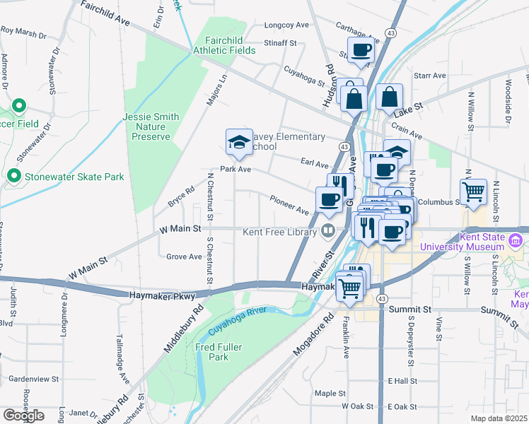 map of restaurants, bars, coffee shops, grocery stores, and more near 125 North Pearl Street in Kent