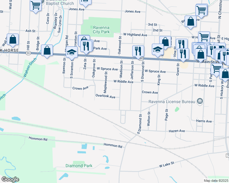 map of restaurants, bars, coffee shops, grocery stores, and more near 871 Overlook Avenue in Ravenna