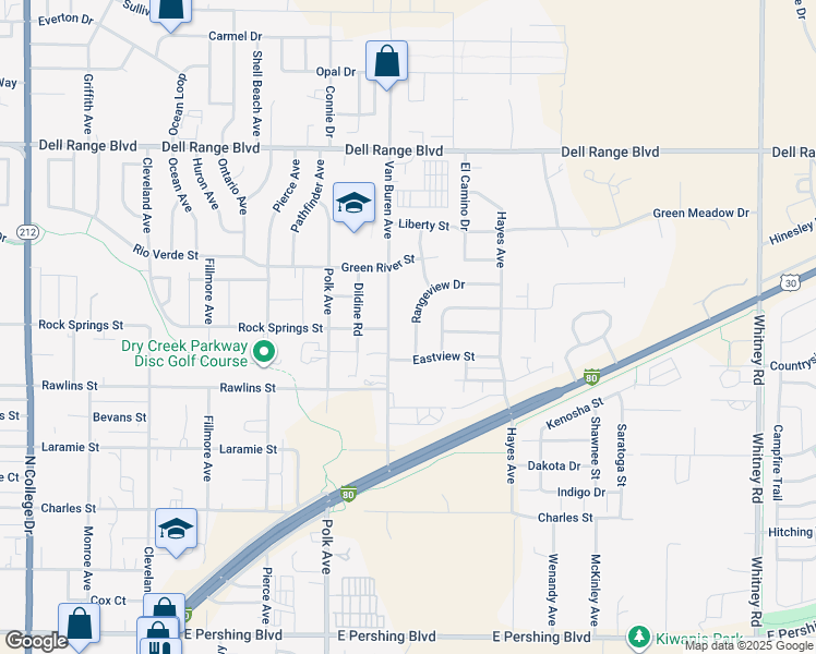 map of restaurants, bars, coffee shops, grocery stores, and more near 4005 Van Buren Ave in Cheyenne