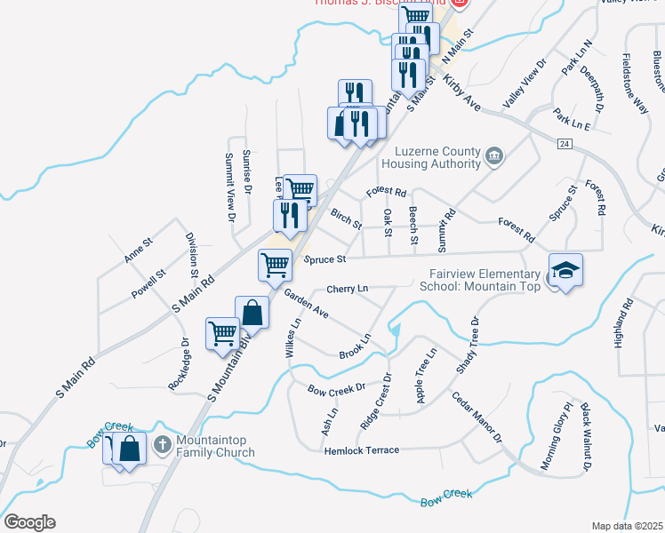 map of restaurants, bars, coffee shops, grocery stores, and more near 19 Spruce Street in Mountain Top