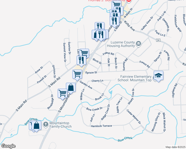 map of restaurants, bars, coffee shops, grocery stores, and more near 19 Spruce Street in Mountain Top