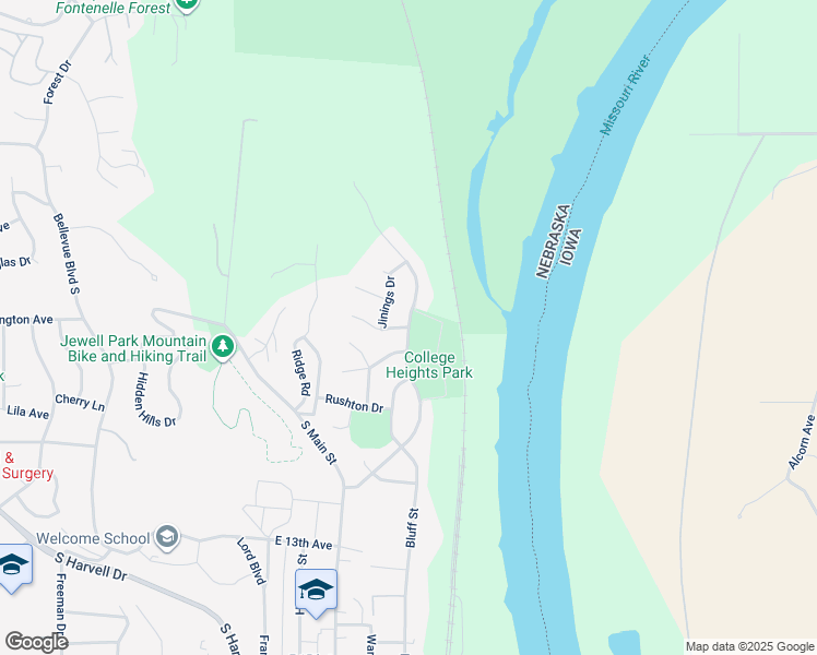 map of restaurants, bars, coffee shops, grocery stores, and more near Kountze Memorial Drive in Bellevue