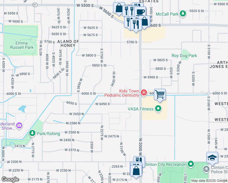 map of restaurants, bars, coffee shops, grocery stores, and more near 3637 West 6000 South in Roy