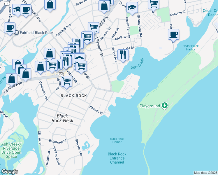 map of restaurants, bars, coffee shops, grocery stores, and more near 219 Brewster Street in Bridgeport