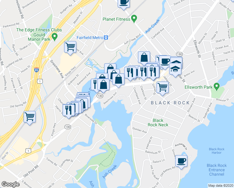 map of restaurants, bars, coffee shops, grocery stores, and more near 66 Beachview Avenue in Bridgeport