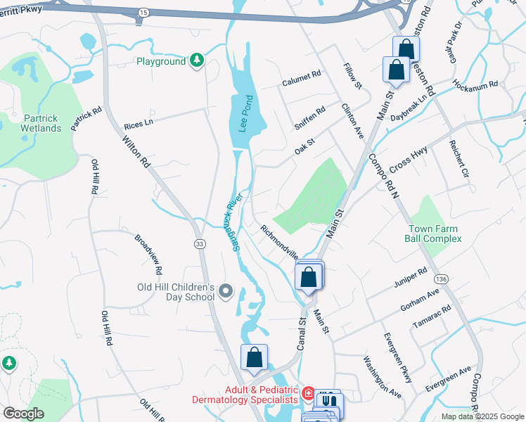map of restaurants, bars, coffee shops, grocery stores, and more near 32 Richmondville Avenue in Westport