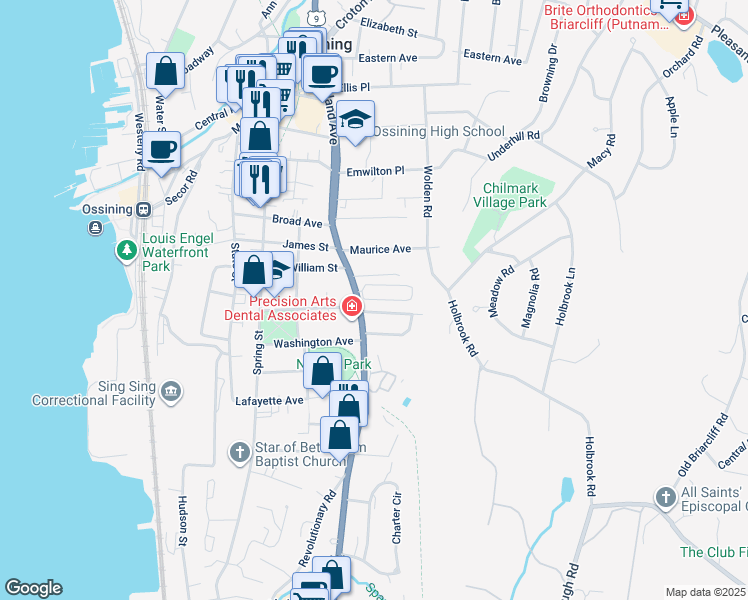 map of restaurants, bars, coffee shops, grocery stores, and more near 102 South Highland Avenue in Ossining