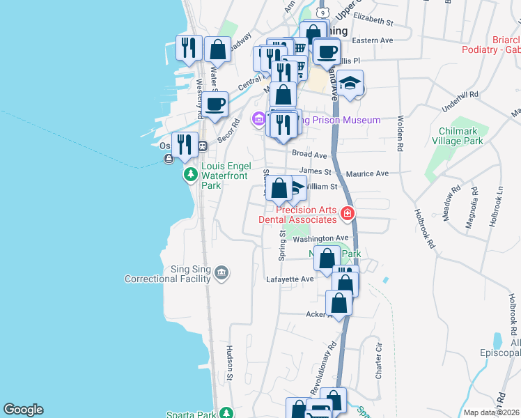 map of restaurants, bars, coffee shops, grocery stores, and more near 35 Hamilton Avenue in Ossining