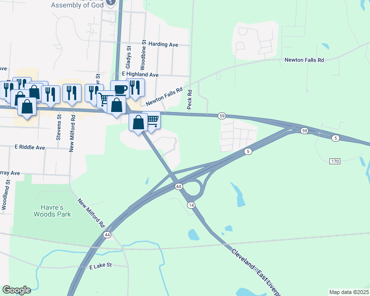 map of restaurants, bars, coffee shops, grocery stores, and more near 5996 Ohio 14 in Ravenna