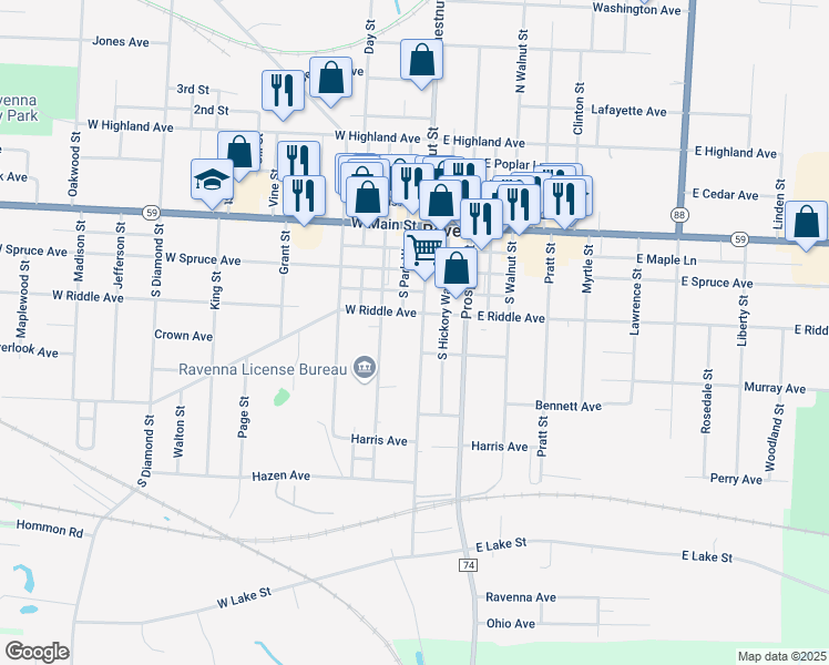 map of restaurants, bars, coffee shops, grocery stores, and more near 429 South Chestnut Street in Ravenna