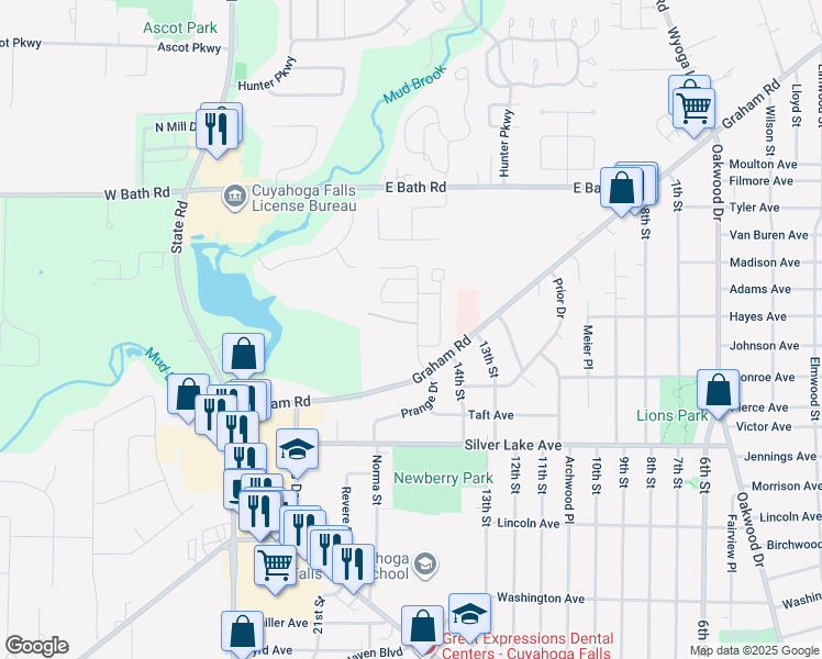 map of restaurants, bars, coffee shops, grocery stores, and more near 263 Graham Road in Cuyahoga Falls