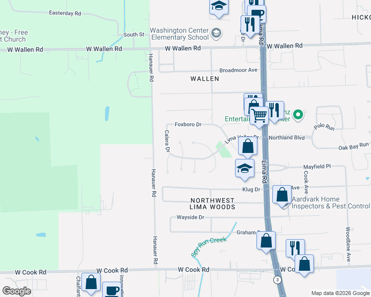 map of restaurants, bars, coffee shops, grocery stores, and more near 2320 Lima Valley Drive in Fort Wayne