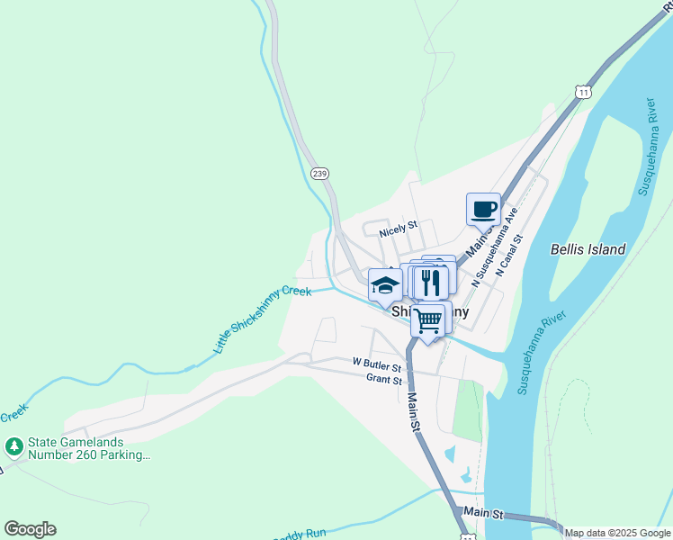 map of restaurants, bars, coffee shops, grocery stores, and more near 21 Glen Ave in Shickshinny