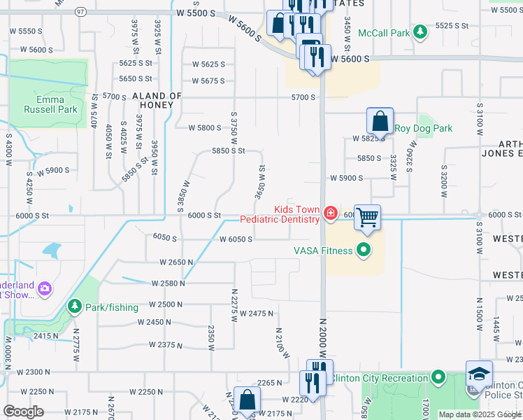 map of restaurants, bars, coffee shops, grocery stores, and more near 3637 West 6000 South in Roy