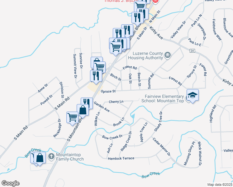 map of restaurants, bars, coffee shops, grocery stores, and more near 29 Spruce Street in Mountain Top
