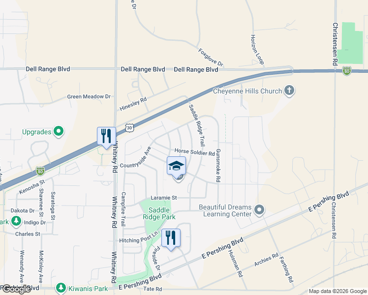 map of restaurants, bars, coffee shops, grocery stores, and more near 3800 Fire Walker Trail in Cheyenne